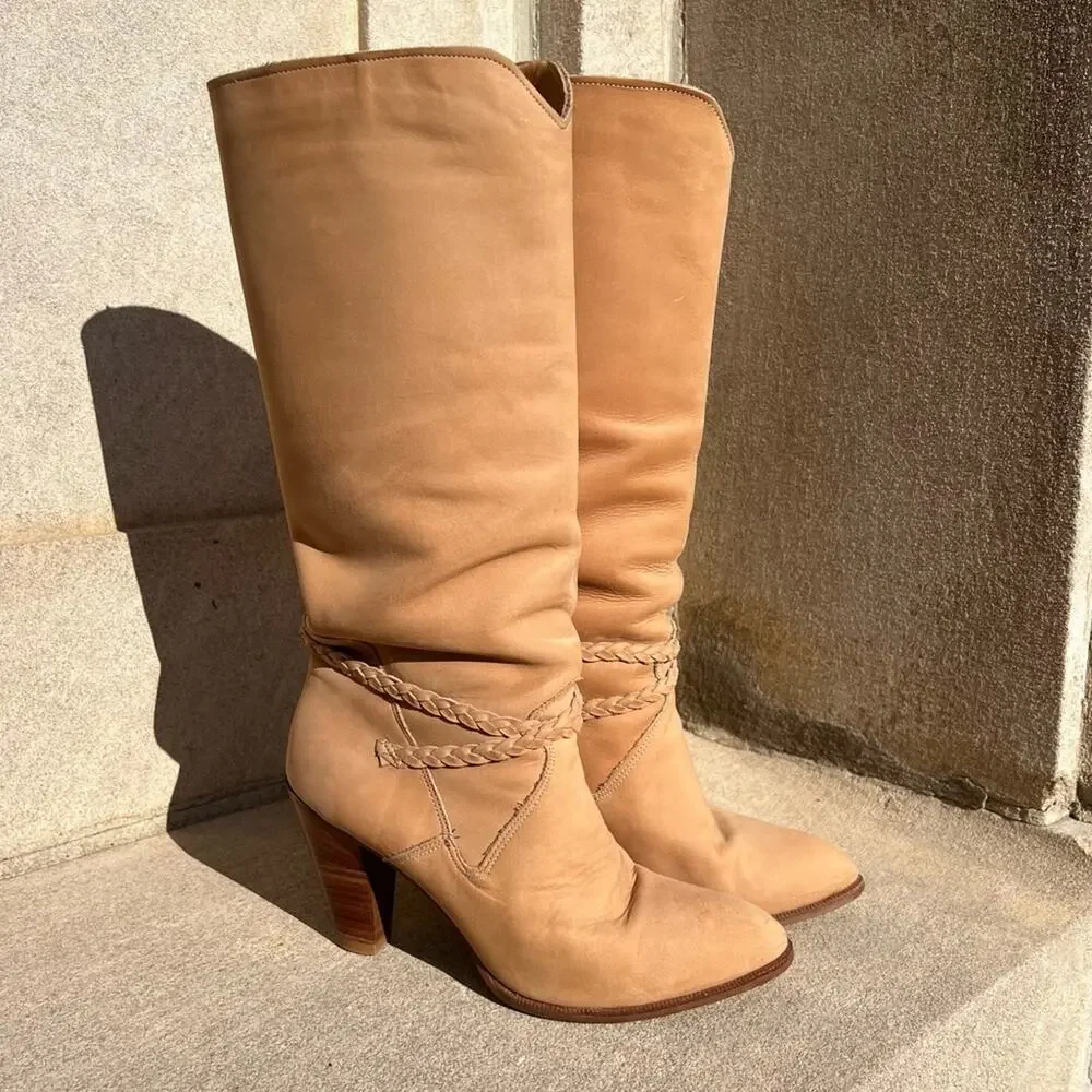 Vintage Dingo 80s high heeled suede yellow tan leather braid detail boots - Picture 1 of 9